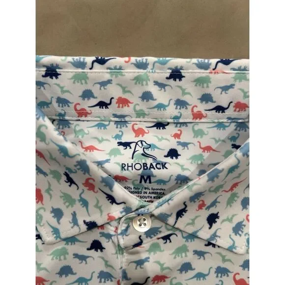 Rhoback Mens Medium Dinosaur Print Pattern Multicolor Golf Polo Shirt - Picture 3 of 7